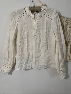 Sam Edelman Cream Ruffled Lace-Trim Long Sleeve Blouse- 100% Cotton